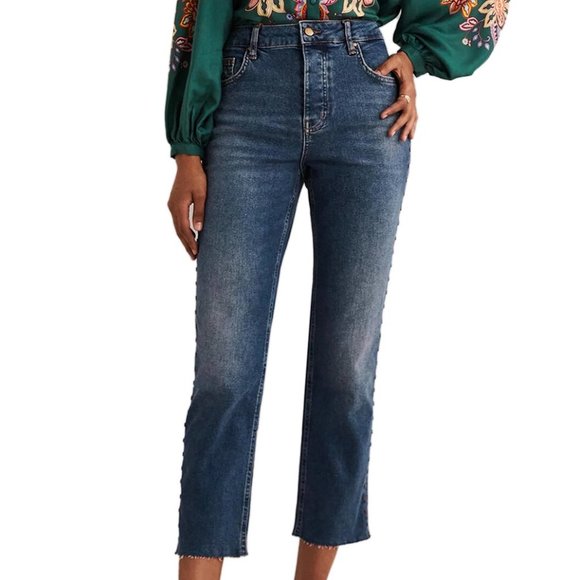 Boden Denim - Boden High Rise Relaxed Cropped Straight Leg Raw Hem Studded Jeans Size 16